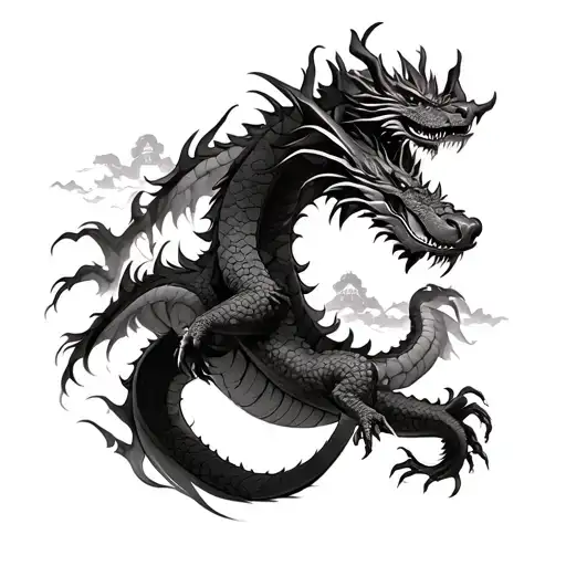 A Big Dragon Flying Upon A Japanese Temple Half Sleeve