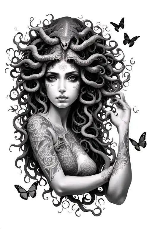 Full Arm Sleeve Medusa With Snakes And Vines Running Down My Arm With 9 Butterflies Saying I See You