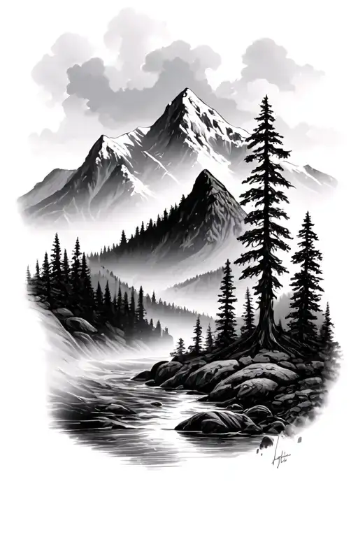 Mountain With Trees And A River Flowing