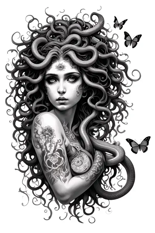 Full Arm Sleeve Medusa With Snakes And Vines Running Down My Arm With 9 Butterflies Saying I See You