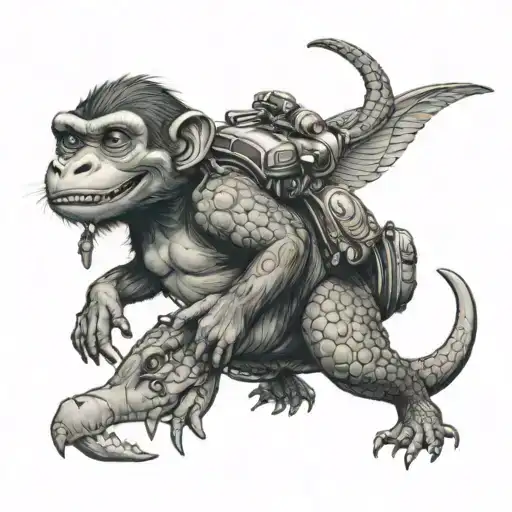 Young Monkey Riding A Young Alligator's Back