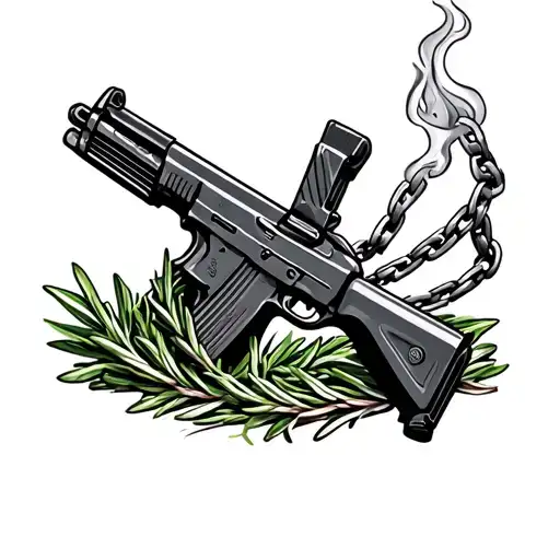 Ak 47 With Rosemary Chain Wrapped Around It With Smoke Coming Out The Barrel