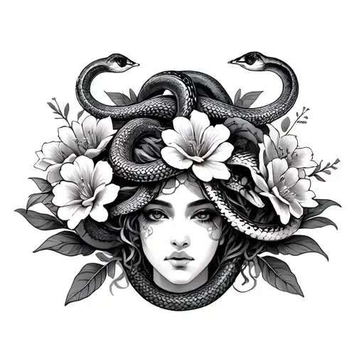 Madusa With 2 Snakes And 15 Flowers Symbolizing