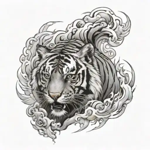 Tiger Calm With Background With Fire Burning