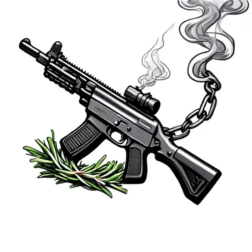 Ak 47 With Rosemary Chain Wrapped Around It With Smoke Coming Out The Barrel