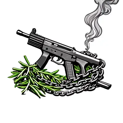 Ak 47 With Rosemary Chain Wrapped Around It With Smoke Coming Out The Barrel