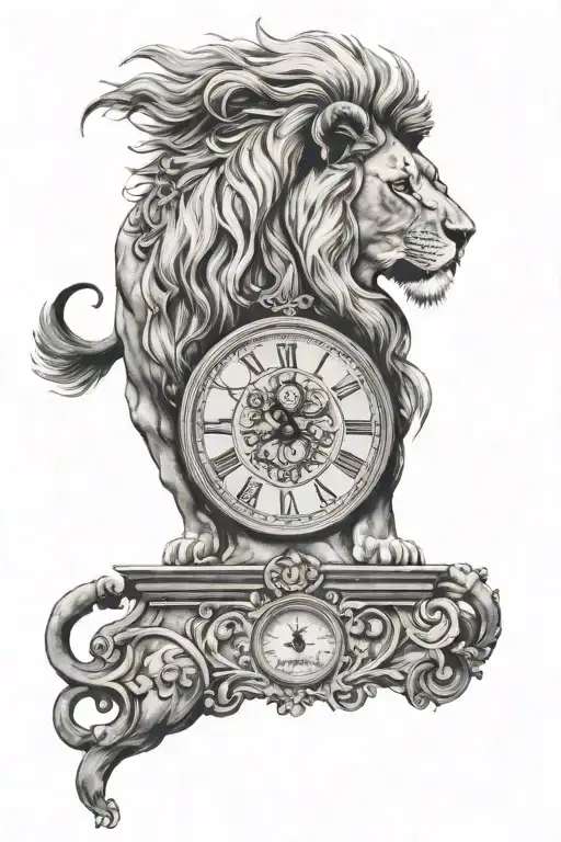 Lion With Savannah Background And Roman Clock With A Flecha Dividing It