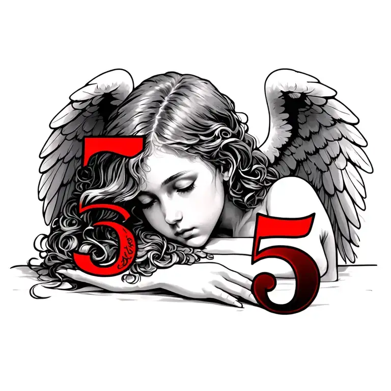 Angel Resting Her Head With A Red Number Five