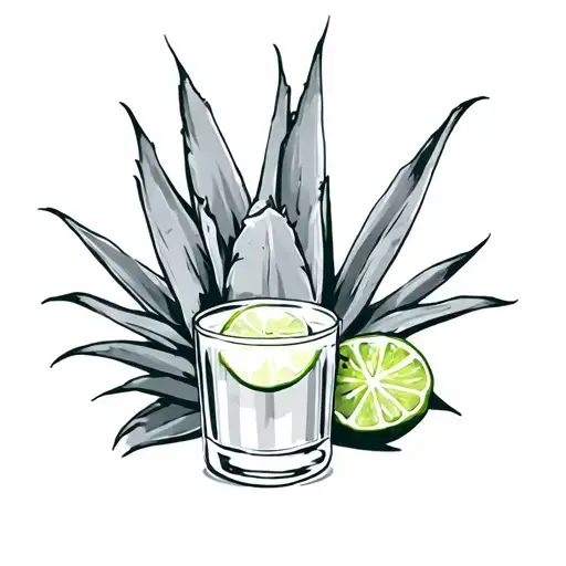 Agave Plant With Tequila Shot With Lime Slice Cut