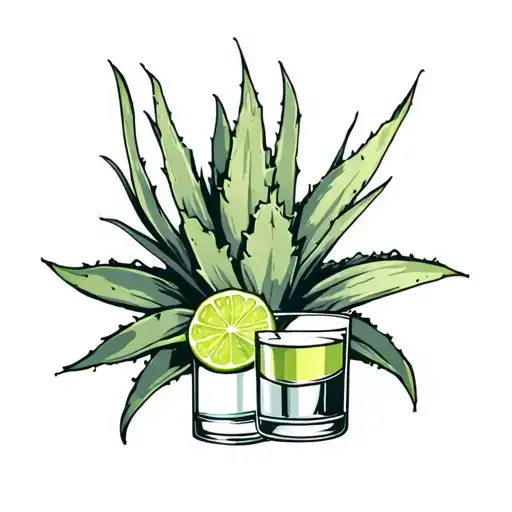Agave Plant With Tequila Shot With Lime Slice Cut