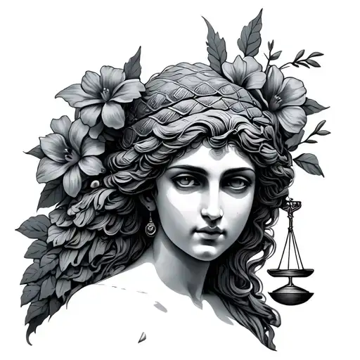 The Greek Goddess Themis With Scales And Flowers Around Her