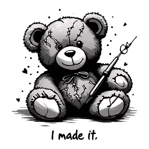 Torn Teddy Bear With A Needle And Stiches With The Words Saying I Made It