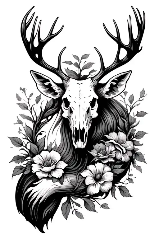 Arm Sleeve With An Elk Skull On The Shoulder And Vines Wrapping Down The Forearm With Flowers