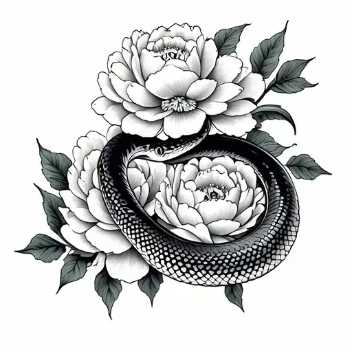 Snake Flowing Through Peony Flowers
