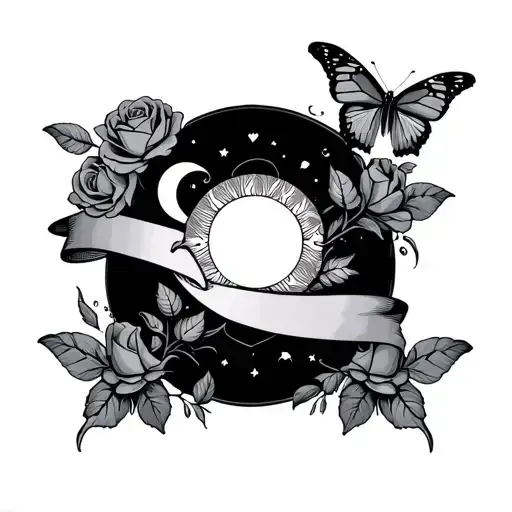 Butterflies Around Roses With A Sun And Moon In The Middle With Ribbon Wrapping Aound