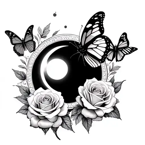 Butterflies Around Roses With A Small Sun And Moon In The Middle With A Roasery Around It