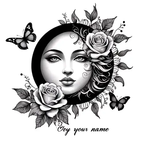 Sun And Moon Face With Roses And Butterflies And Space To Add A Name
