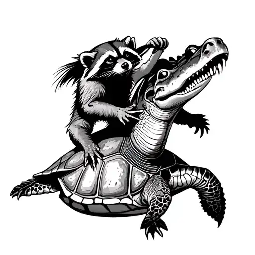 Racoon Riding A Sea Turtle Fighting An Alligator