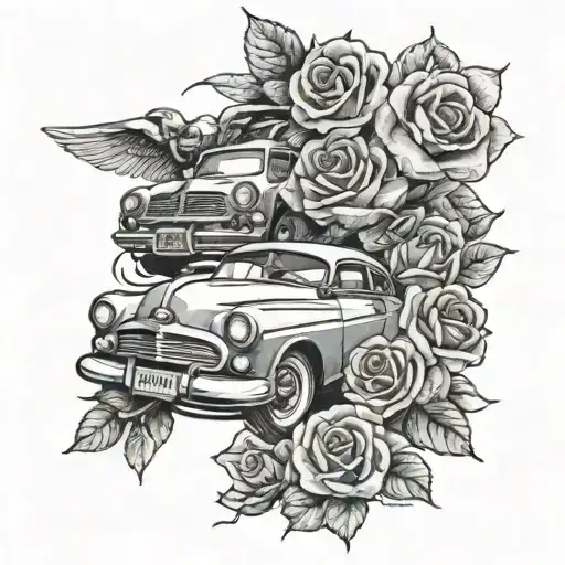 Memorial Tattoo Featuring Old Italian Cars And Roses