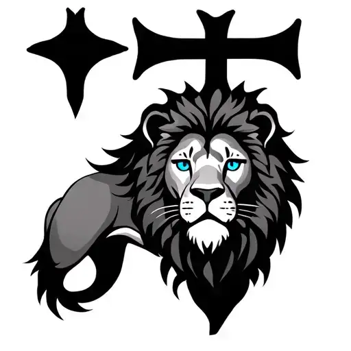 Cross Behind Lion Head With Blue Eyes