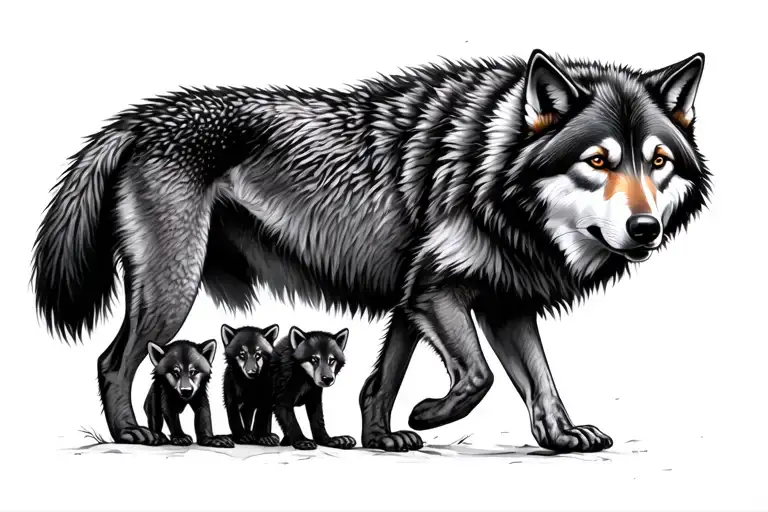 Walking Mother Wolf And 2 Cubs