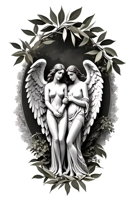 3-4 Angels With Olive Tree Leaves Back Ground