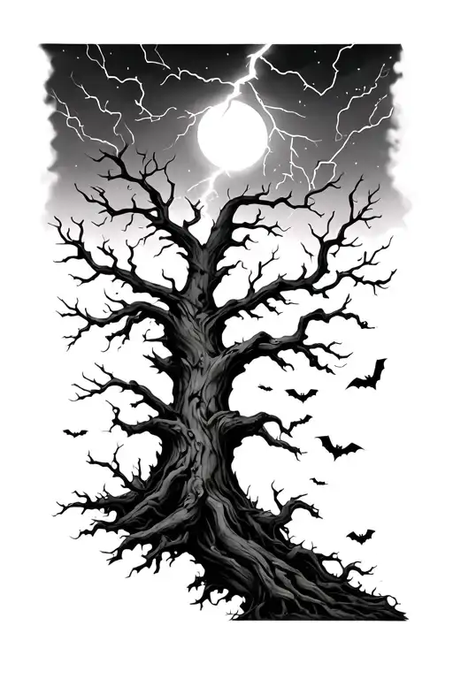 Trees With No Leaves Into Lightning On A Gloomy Night With Bats