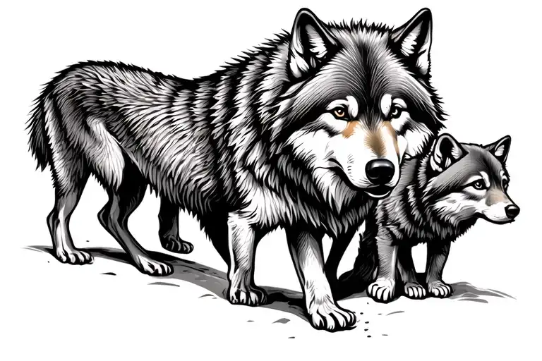 Walking Mom Wolf And 2 Cubs