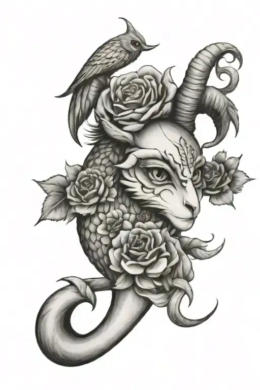 Capricorn Zodiac With Flower With Owl Face Tattoo And Anchor