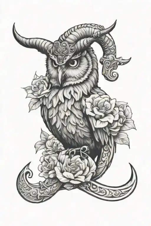 Capricorn Zodiac With Flower With Owl Face Tattoo And Anchor