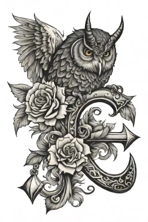 Capricorn Zodiac With Flower With Owl Face Tattoo And Anchor