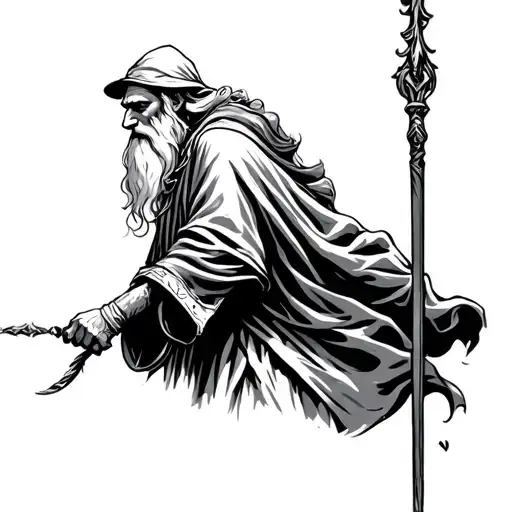 Black And White Gandalf With Staff Walking Sideways