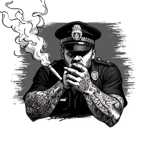 Cop Covered In Tattoos Smoking A Cigarette Burn Scar Turned