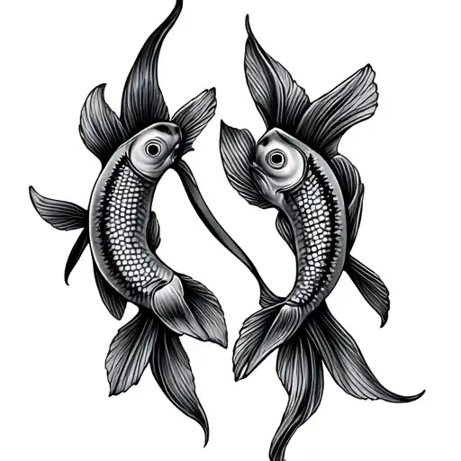Two Fish Swimming In Opposite Directions Connected By A Ribbon