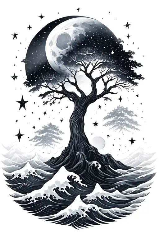 Moon Waves And Stars Representing Family Tree Intertwined