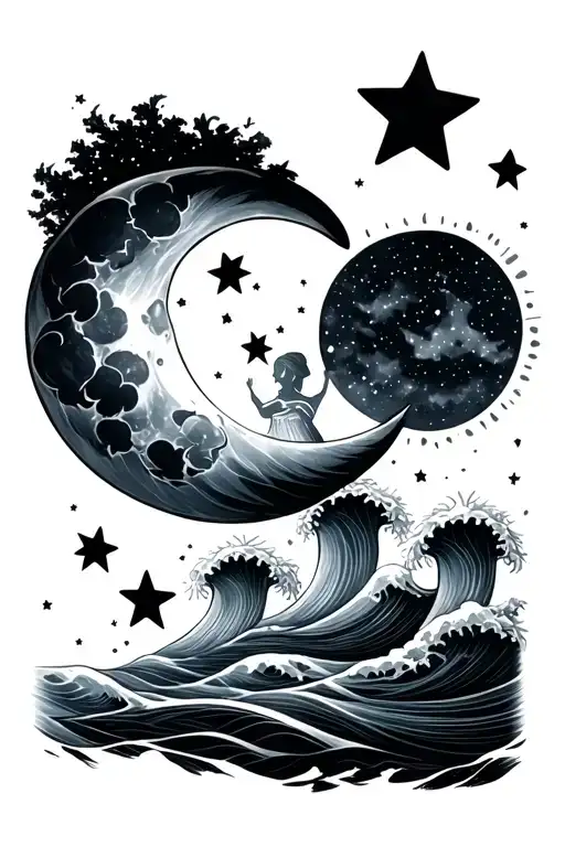 Moon Waves And Stars Representing Family Members
