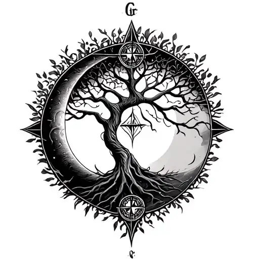 Tree Of Life With Crescent Moon And Viking Compass