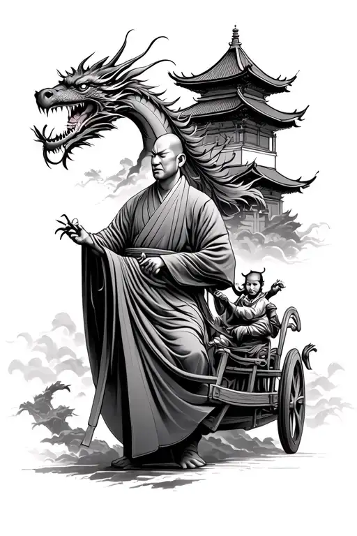Japanese Monk With Chariot Carried By Dragons And A Temple In The Background