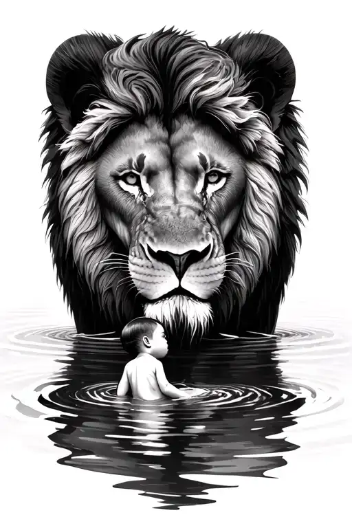 Baby Lipn Looking In The Water And See A Big Lion Standing