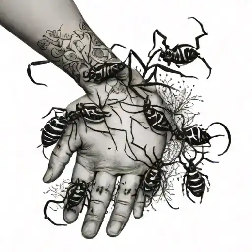 Scorpio Constellation Ants Crawling Over Hand On Tree