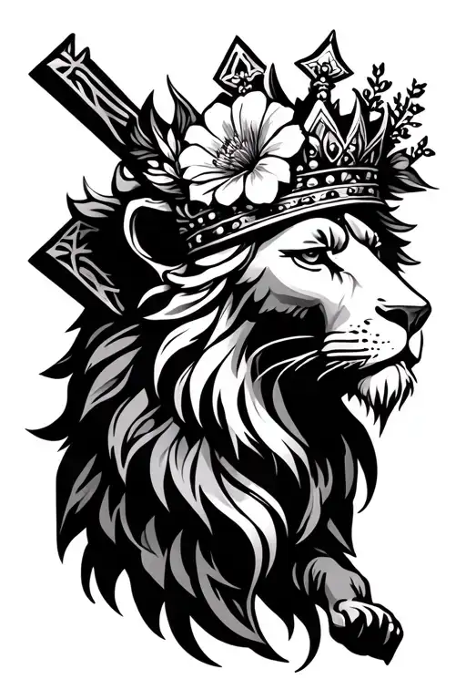 Flowers Cross And Lion Wearing A Crown