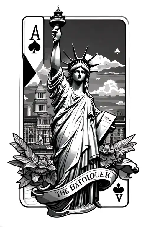 Statue Of Liberty With An Ace And A Queen Playing Card Next To It