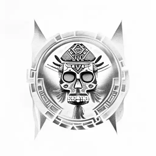 Aztec Skull Warrior With Aztec Calendar In The Background