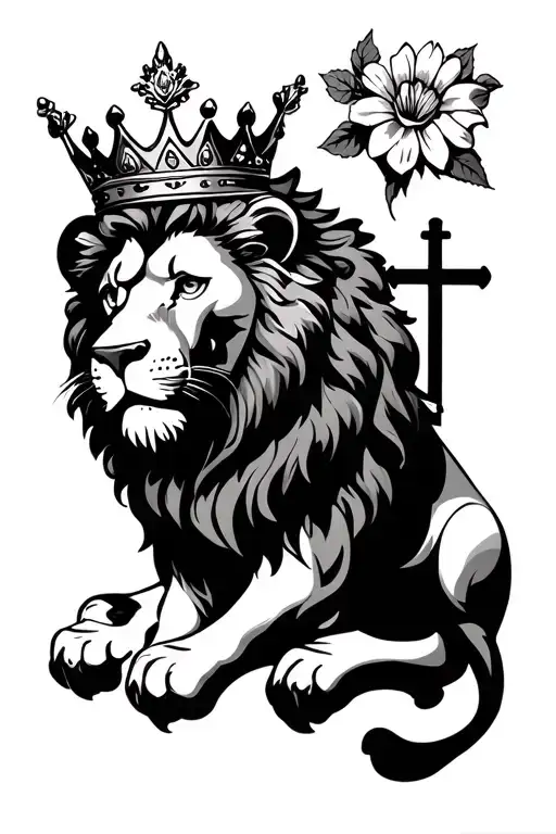 Flowers And Lion Wearing A Crown And With A Cross In The Middle