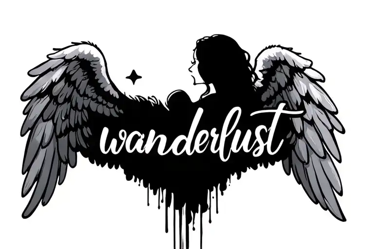Wanderlust In Script With Small Angel Wings On The Side Minimalist
