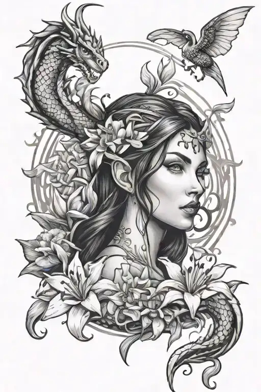 Beautiful Elf Woman With Dark Hair Interwinig With Dragon And White Lily Flowers