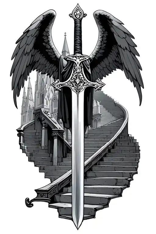 Archangel Micheal's Sword With Cathedral And C Escher Staircase