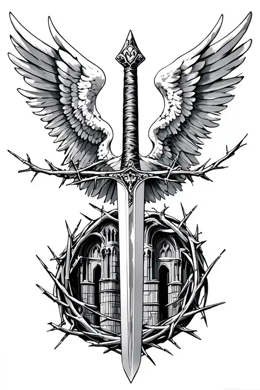 Archangel Micheal's Sword With Cathedral And Crown Of Thorns