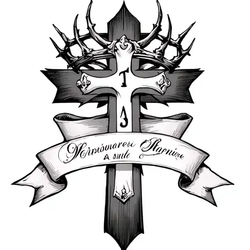 Cross With Ribbons On The Bottom Half For 3 Names And A Thorn Crown On Top