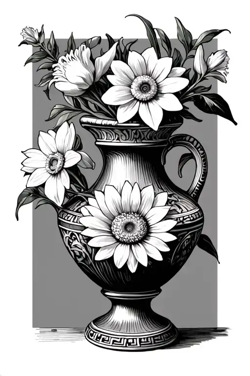 Greek Vase With An Aster Flower And A Narcis Flower